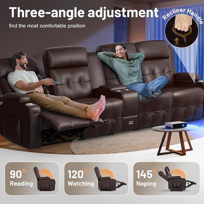 Loveseat Recliner Sofa, Home Theater Seating with Massage, 4 Seat Reclining Loveseats with Console, Wall Hugger RV Couch Movie Theater Chairs, RV Furniture Sofas with USB, Cup Holders for Gaming Room