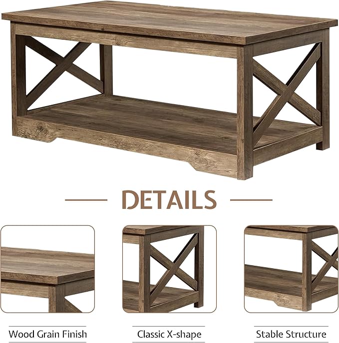 LUXOAK 3-Piece Farmhouse Living Room Table Sets, Includes 1 x Coffee Table, 2 x End Tables with Charging Station & USB Ports, Rustic Coffee Table Set of 3, Barnwood