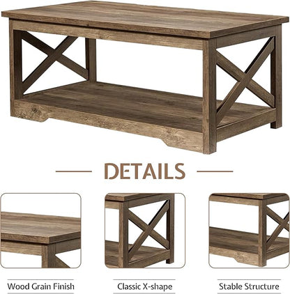 LUXOAK 3-Piece Farmhouse Living Room Table Sets, Includes 1 x Coffee Table, 2 x End Tables with Charging Station & USB Ports, Rustic Coffee Table Set of 3, Barnwood