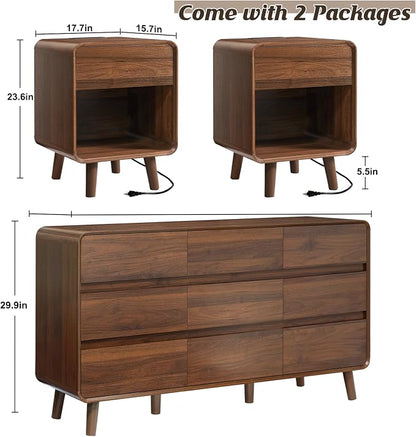 Nasonet Dresser and Nightstand Sets 3 Piece, Mid Century Modern 9 Drawer Dresser and Small Night Stand Set 2, Wooden Chest of Drawers Bedroom Furniture Set, Walnut