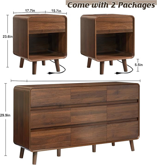 Nasonet Dresser and Nightstand Sets 3 Piece, Mid Century Modern 9 Drawer Dresser and Small Night Stand Set 2, Wooden Chest of Drawers Bedroom Furniture Set, Walnut