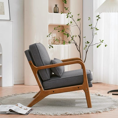 Karl home Accent Chair Mid-Century Modern Chair with Pillow Linen Fabric Upholstered Lounge Arm Chair with Solid Wood Frame & Soft Cushion for Living Room, Bedroom, Balcony, Gray
