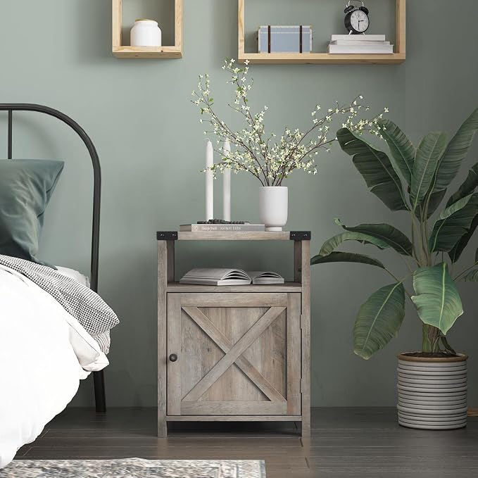 Farmhouse Nightstand Rustic End Table Side Table with Cabinet and Shelf, Wood Night Stand for Bedroom, Gray, 17.7 in