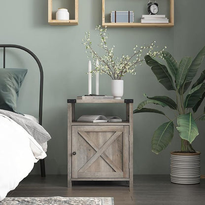 Farmhouse Nightstand Rustic End Table Side Table with Cabinet and Shelf, Wood Night Stand for Bedroom, Gray, 17.7 in