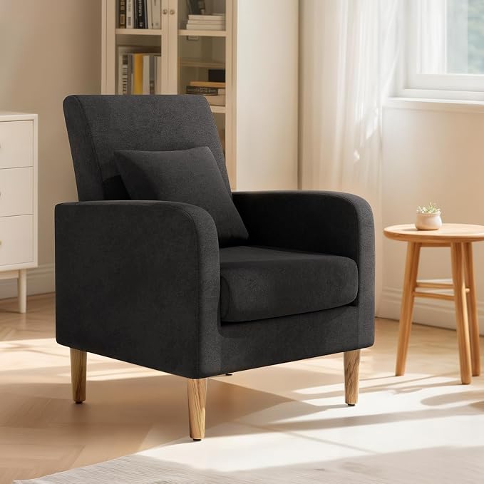 Magshion Mid-Century Accent Chair for Living Room, Comfy Reading Chair for Bedroom, Upholstered Linen Fabric Armchair Single Sofa with Back Pillow & Wood Legs, 300 lbs Capacity, Black