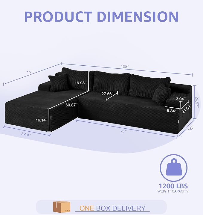 Hobestluk Modular Sectional Sofa Couches L-Shape Couch 3 Seat Modular Sofa Memory Foam Sectional Couches for Living Room, Cloud Couch with Oversized Chaise (Black Corduroy, 108", Left Hand Facing)