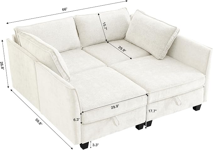 ORRD Sleeper Modular Sectional Sofa Set, Convertible Couch Bed with Storage, 4 Seater and 4 Armrestes Sofa Modular for Living Room, Office (Beige)
