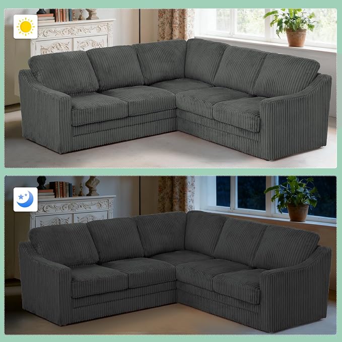 89 Inches Corduroy Sectional Sofa with High Density Sponge, Modern 5 Seats Corner Couch with Deep Seat, Comfy Modular L Shaped Couch with Comfortable Back Cushions for Living Room, Grey