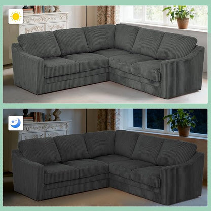 89 Inches Corduroy Sectional Sofa with High Density Sponge, Modern 5 Seats Corner Couch with Deep Seat, Comfy Modular L Shaped Couch with Comfortable Back Cushions for Living Room, Grey