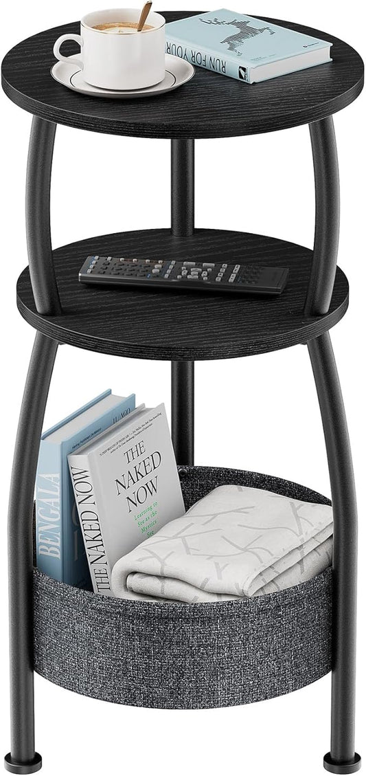 Small Round Side Table for Living Room with Storage Basket –Small Space Saving End Table 3-Tier Accent Nightstand Couch Corner Table for Sofa, Bedroom, Patio and More 24in Tall Classic Black
