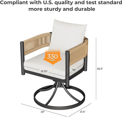 Grand patio 5 PCS Outdoor Dining Set, Metal Woven Wicker Swivel Patio Chairs with Thickened Cushions & 1 Square Woodgrain Dining Table with Umbrella Hole for Backyard Deck (Natural)
