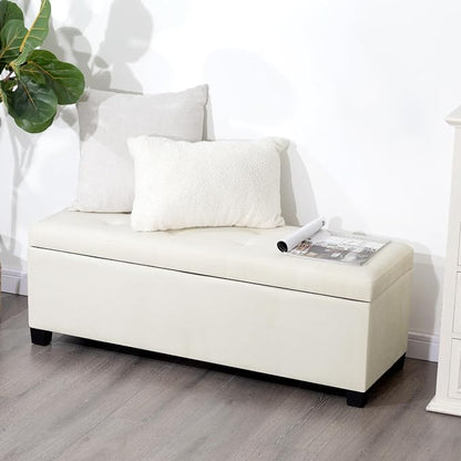 Asense 42" Storage Ottoman Bench, Large Linen Upholstered Rectangular Footstool with Safety Hinges, End of Bed Bench for Bedroom, Entryway Bench with Storage, Window Seat, Beige