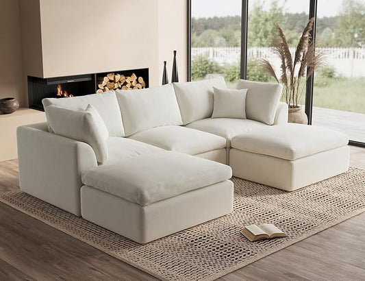ohllob 110" Cloud Sectional Couches for Living Room, Boneless U Shaped Couch with Ottoman, 3 Seater Modular Sectional Sofa, Warm White