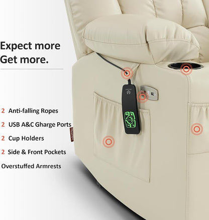 MCombo Small Dual Motor Power Lift Recliner Chair for Petite Elderly, Zero Gravity Lift Chair with Heat and Massage, Infinite Position, USB Ports,Faux Leather 7893 (Cream White, Small)