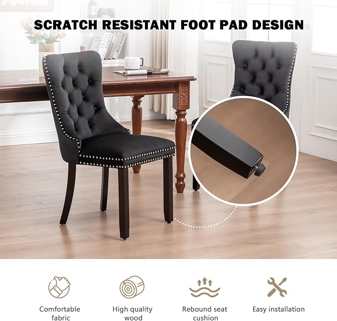Hixkol Velvet Dining Chairs Set of 4,Upholstered Dining Chairs with Ring Pull Trim and Button Back and Wood Legs, Modern Seating for Kitchen, Bedroom & Living Room(Black)