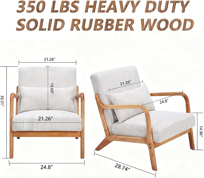Set of 2 Mid Century Modern Accent Chair with Solid Rubberwood Frame, Comfy Corduroy Reading Armchair with Lumbar Pillow, Compact Lounge Chair for Bedroom, Living Room & Small Spaces