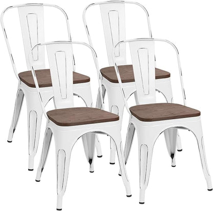 Furmax Metal Dining Chairs with Wood Seat, Indoor-Outdoor Use Stackable Chic Dining Bistro Cafe Side Metal Chairs Set of 4(White)