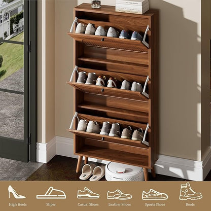 Fsbecl Shoe Storage Cabinet for Entryway with 3 Flip Drawers, Narrow Shoe Organizer with Fluted Panel, Freestanding Wood Hidden Shoe Cabinet for Hallway(Walnut, 23.6''W, Single Layer)