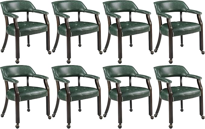 LEEMTORIG Set of 8 Large Dining Chairs with Casters and Arms, Rolling Dining Chairs with Wheels, Game Poker Chairs, Boss Caption's Chairs, 26" Dx25.2 Wx31.5 H, Espresso Legs & Green PU, XXY-1910-GN