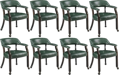 LEEMTORIG Set of 8 Large Dining Chairs with Casters and Arms, Rolling Dining Chairs with Wheels, Game Poker Chairs, Boss Caption's Chairs, 26" Dx25.2 Wx31.5 H, Espresso Legs & Green PU, XXY-1910-GN