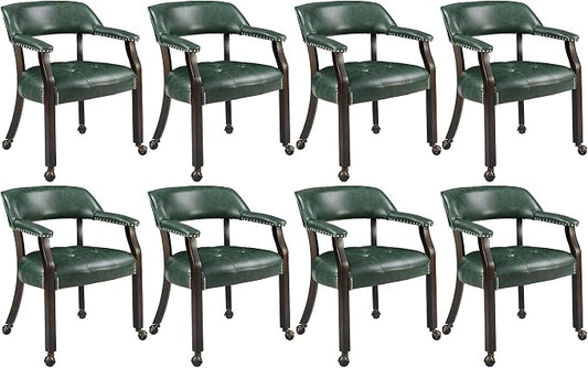 LEEMTORIG Set of 8 Large Dining Chairs with Casters and Arms, Rolling Dining Chairs with Wheels, Game Poker Chairs, Boss Caption's Chairs, 26" Dx25.2 Wx31.5 H, Espresso Legs & Green PU, XXY-1910-GN