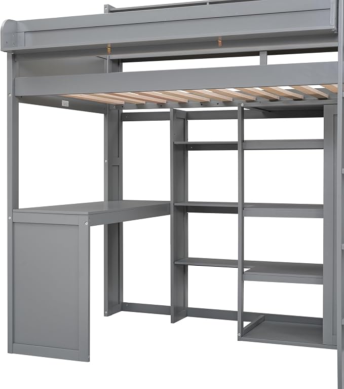 Ball & Cast Twin Size Loft Bed with Stair & Safety Guardrail,Wood Bedframe with Storage Drawer,2 Wardrobes & Mirror,Space Saving,No Box Spring Needed,Versatile Bedroom Furniture for Boys Girls,Gray