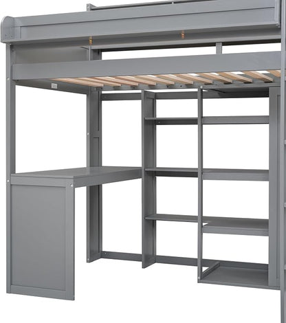 Ball & Cast Twin Size Loft Bed with Stair & Safety Guardrail,Wood Bedframe with Storage Drawer,2 Wardrobes & Mirror,Space Saving,No Box Spring Needed,Versatile Bedroom Furniture for Boys Girls,Gray