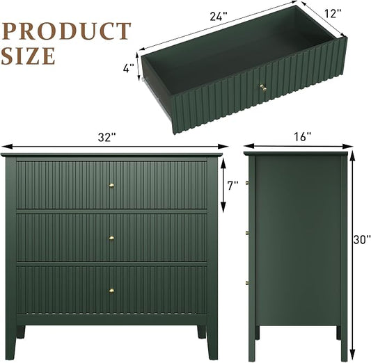 RoyalCraft Large 3 Drawer Dresser Set of 2, Fluted Chest of Drawers with Storage, Modern Painted 30 inch Tall Nightstand for Bedroom Living Room Entryway, Dark Green