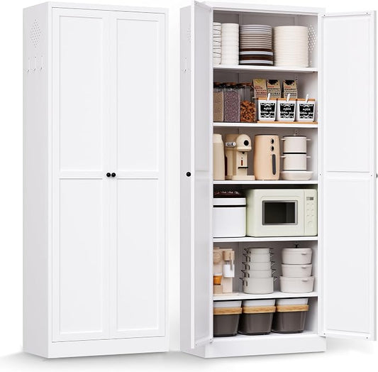 72" H White Metal Kicthen Pantry Storage Cabinet 6-Tier Cupboard | Storage Cabinet with 5 Adjustable Shelves for Kitchen, Living Room, Heavy Duty Utility Cabinet, Assembly Require