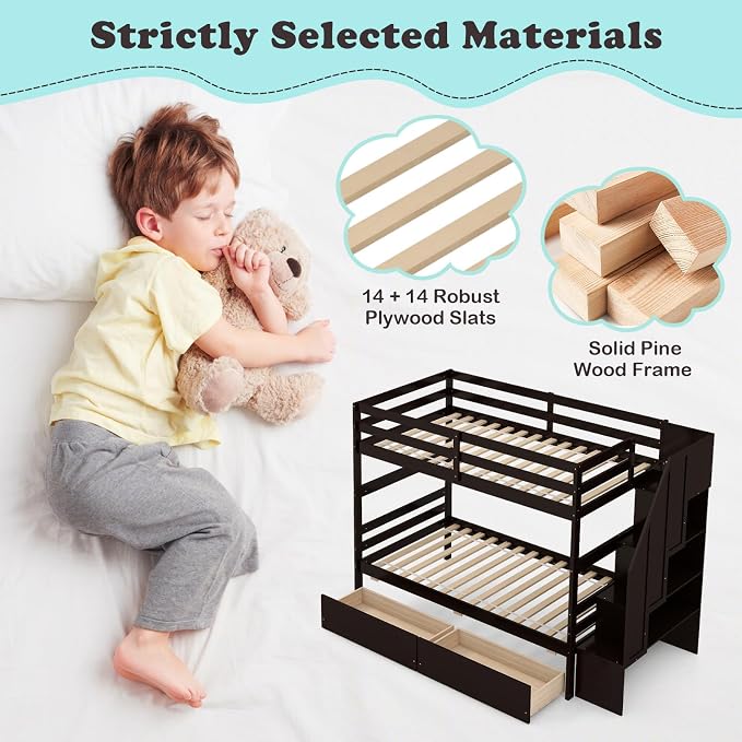 Giantex Bunk Bed Twin Over Twin with Storage Stairs & Drawers, Solid Wood Bunk Bed with Full-Length Guardrails, Convertible to 2 Beds, Versatile Bunk Beds for Kids Teens Adults, Espresso