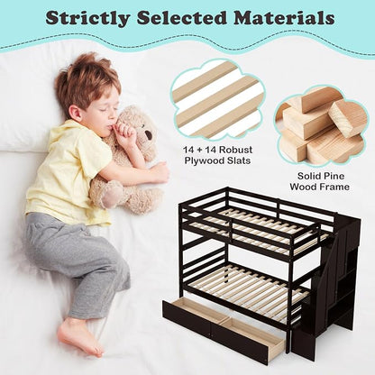Giantex Bunk Bed Twin Over Twin with Storage Stairs & Drawers, Solid Wood Bunk Bed with Full-Length Guardrails, Convertible to 2 Beds, Versatile Bunk Beds for Kids Teens Adults, Espresso