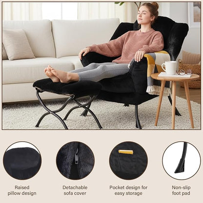 Welnow Lazy Chair with Ottoman, Modern Accent Chair with Armrests and a Side Pocket, Leisure Sofa Armchair, Reading Armchair with Footrest for Small Space, Plush Black
