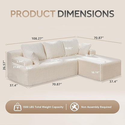 Hobestluk Boneless Couch Modular Sectional Sofa L-Shape Oversized Chaise | 108" Right Facing Chaise White,Memory Foam,Removable Cover,Non-slip Bottom,No Assemble Required,Living Room Furniture