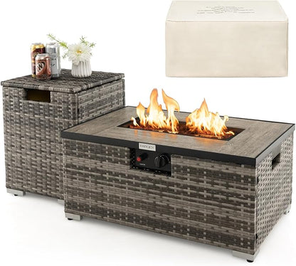 Tangkula 2 Piece Outdoor Propane Fire Pit Table Set with Hideaway Propane Tank Holder, 40,000 BTU Rattan Wicker Fire Pit Table with Lava Rocks, Waterproof Cover, Ideal for Backyard, Patio (Mix Grey)
