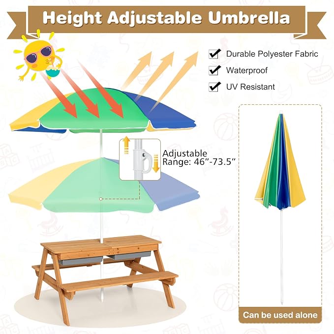 Costzon Kids Picnic Table with Sensory Bins, 4 in 1 Sand and Water Table with Height Adjustable Umbrella, Removable Tabletop, Wooden Kids Outdoor Table for Backyard Patio Play