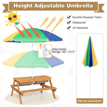 Costzon Kids Picnic Table with Sensory Bins, 4 in 1 Sand and Water Table with Height Adjustable Umbrella, Removable Tabletop, Wooden Kids Outdoor Table for Backyard Patio Play