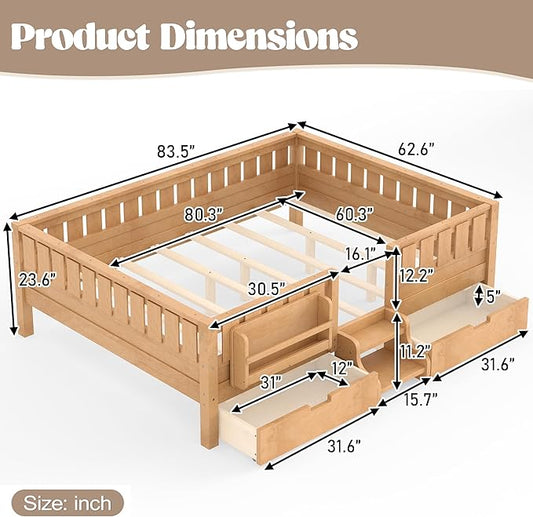 Bellemave Queen Size Kids Bed with high Rails and with Built-in Bookshelf and Drawers for Kids, Girls, Boys, Wood Montessori Bed Without Door, Light Natural