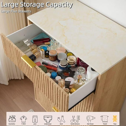 Fluted 5 Drawers Dresser for Bedroom with Faux Marble Top and Gold Handle, 48" Tall 30" Wide Wooden Chest of Drawers, Modern Closet Storage Organizer Dressers for Living Room, Hallway,Oak