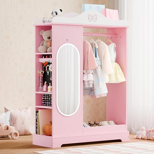 Xilingol Kids Armoire Dress Up Storage with Mirror, Kids Wardrobe Closet with Jewelry Cabinet and Storage Shelves, Open Hanging Armoire Costume Organizer for Bedroom (Pink)