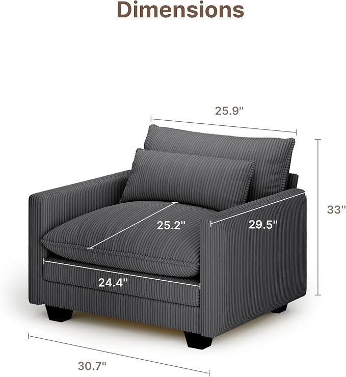 Gizoon Cloud Accent Chair with Washable Cover, Corduroy Single Sofa Chair with Comfy Deep Seat, Modern Armchair with Pillow for Living Room Bedroom, Gray