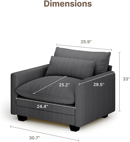 Gizoon Cloud Accent Chair with Washable Cover, Corduroy Single Sofa Chair with Comfy Deep Seat, Modern Armchair with Pillow for Living Room Bedroom, Gray