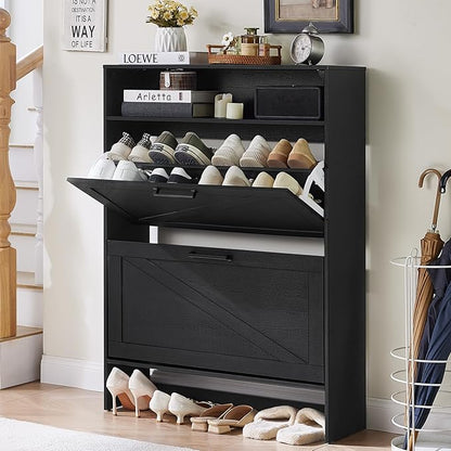 RWYHG Shoe Cabinet Storage for Entryway with 2 Flip Drawers Open Storage Layer Rack Narrow Organizer Slim Hidden Wood Shoe Cabinet Furniture Black