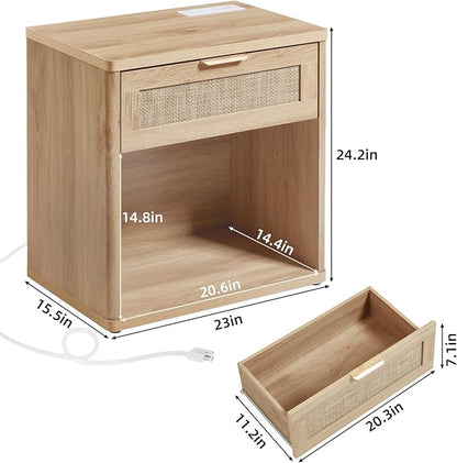LEYAOYAO Rattan Nightstand with Charging Station, Natural Wood Night Stand with Drawer, 23" Wide Boho Bedside Table with Storage Shelf, Bed Side End Tables for Bedroom, Living Room, Hallway