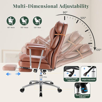 Executive Ergonomic Office Chair, PU Leather High Back Reclining Office Chair with Footrest and Lumbar Support, Height Adjustable Rolling Swivel Computer Chair for Home Office,Brown