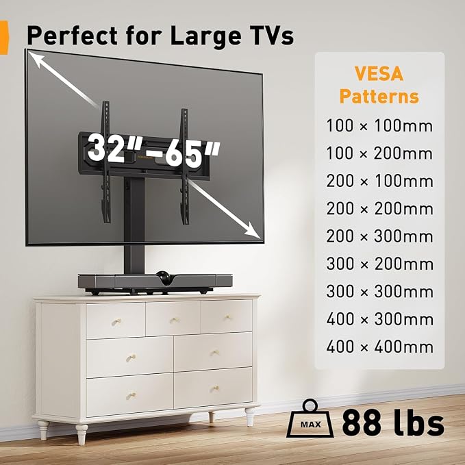 Perlegear Table Top TV Stand Mount, Universal Swivel TV Stand for 32–60,65 Inch LCD/LED/OLED TVs up to 88 lbs with Tempered Glass Base, Height Adjustable TV Base with Tilt, Max VESA 400x400mm