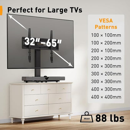 Perlegear Table Top TV Stand Mount, Universal Swivel TV Stand for 32–60,65 Inch LCD/LED/OLED TVs up to 88 lbs with Tempered Glass Base, Height Adjustable TV Base with Tilt, Max VESA 400x400mm