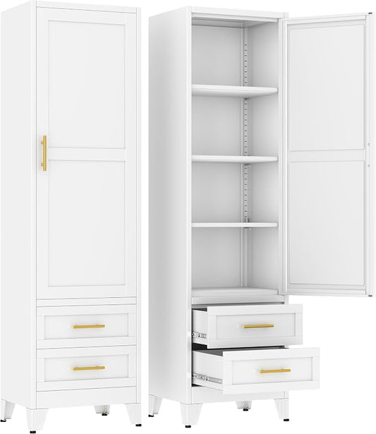 Metal Tall Narrow Storage Cabinet,Freestanding Floor Cabinet with 2 Drawers and 3 Adjustable Shelves,Pantry Storage Cabinets for Bathroom,Living Room,Entryway and Kitchen,White