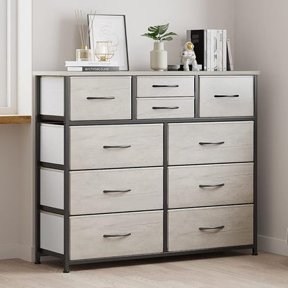 LUMTOK 10-Drawer Dresser, Fabric Storage Tower with Drawers for Bedroom, Dresser Drawer with Handle for Bedroom, Living Room, Hallway, Closets & Nurseryteel Frame, Wood Top (10 Drawer/Greige)