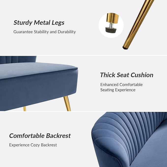 TINA'S HOME Mid-Century Velvet Loveseat Sofa, Upholstered Loveseat Couch with Golden Metal Legs, Small Tufted 2-Seat Sofa Armless Love Seat for Living Room Bedroom, Slate Blue