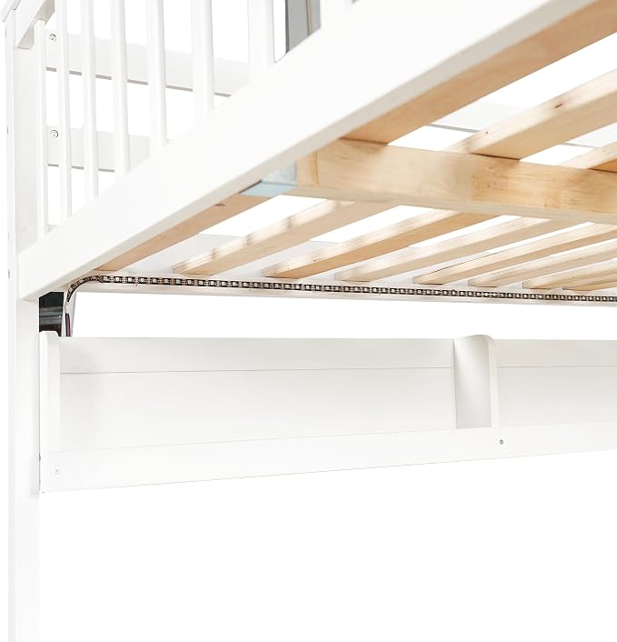 Modern Bunk Bed Full XL Over Queen Size with Storage Shelves and Staircase, Solid Wood Bunk Bed Frame with Trundle and LED Light for Kids Teens Adults (White-3.9)